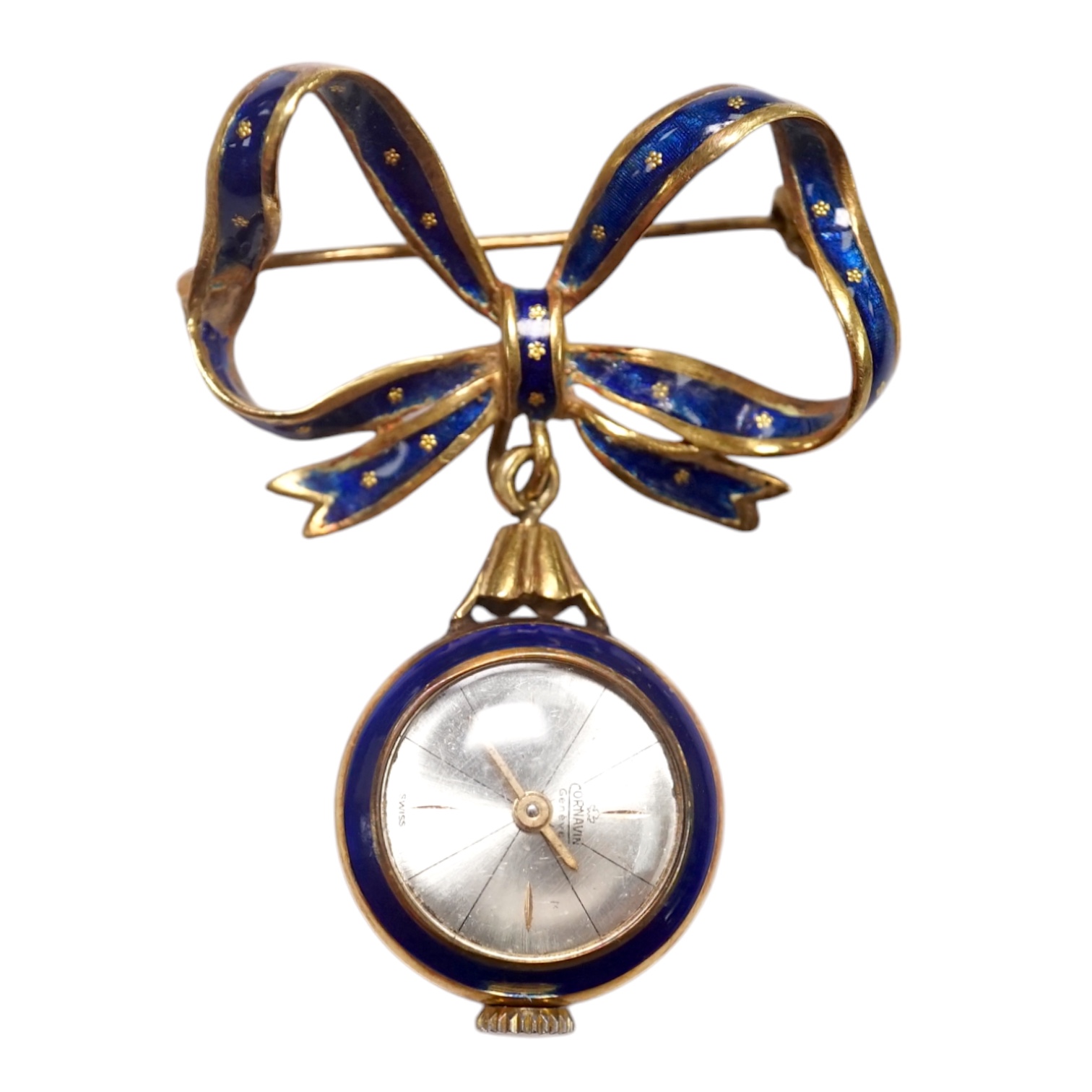 A mid 20th century Italian 750 and blue enamel fob watch, on a ribbon bow suspension brooch, overall drop 42mm, gross 10.9 grams. Condition - poor to fair